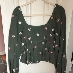 Altar'd State Olive Green Floral Embroidered Blouse
